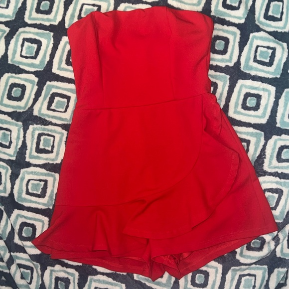 Call Me Up Red Ruffled Strapless Skort Romper - Picture 3 of 8